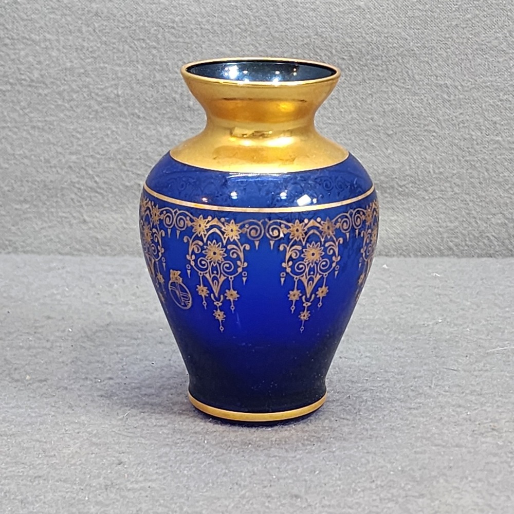 Vintage Murano Cobalt Blue Glass Vase 24K Gold Gilt Filigree Mini Vase 4.25in